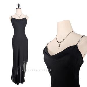 Vintage Cache Silk Midi Maxi Dress 2 Black Fairy Goth Guest Cocktail Grunge Glam